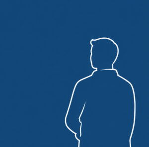 Illustration einer Person mit kurzen Haaren, von hinten gesehen, die vor einem einfarbig blauen Hintergrund steht.