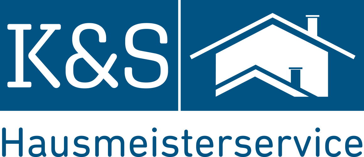 Logo von K&S in weißen Großbuchstaben auf blauem Hintergrund, daneben ein weißes Haus-Symbol. Darunter steht "Hausmeisterservice" in blauer Schrift auf weißem Hintergrund.